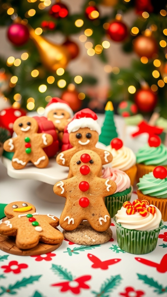 A variety of vegan Christmas desserts including gingerbread men, chocolate chip cookies, and cupcakes on a festive table.